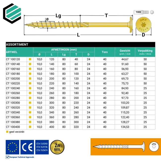 Tellerkopschroef 10 x 220 mm geel verzinkt Torx 40 (25 stuks)