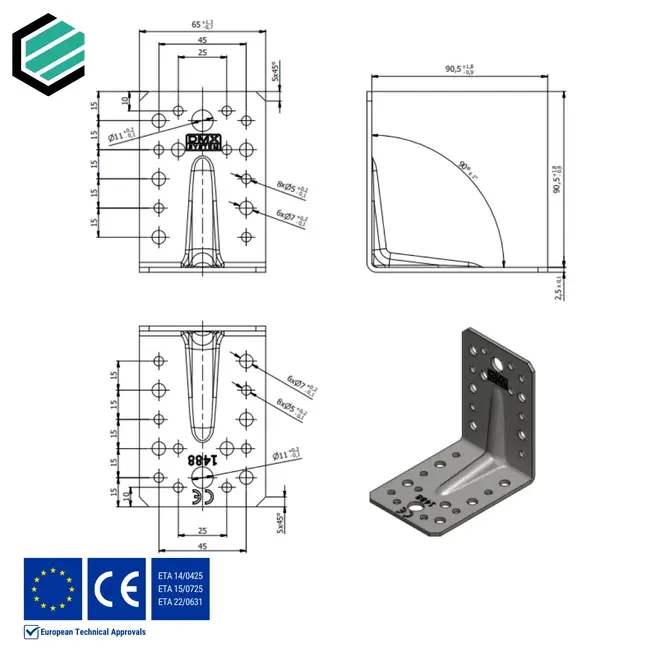 Hoekijzer versterkt 90x90x65 mm (2,5 mm) verzinkt (20 stuks)