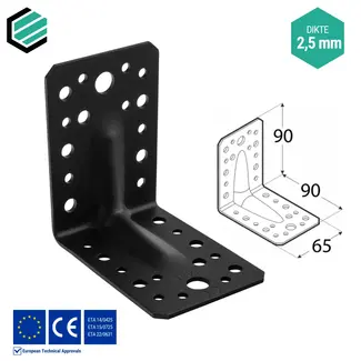 Domax  Hoekijzer versterkt 90x90x65x2,5 mm verzinkt Zwart (10 stuks)