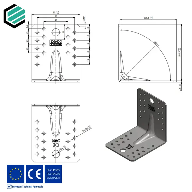 Hoekijzer versterkt 105x105x90 mm (3 mm) verzinkt (20 stuks)