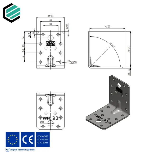 Hoekijzer versterkt 70x70x55 mm (2,5 mm) verzinkt (20 stuks)