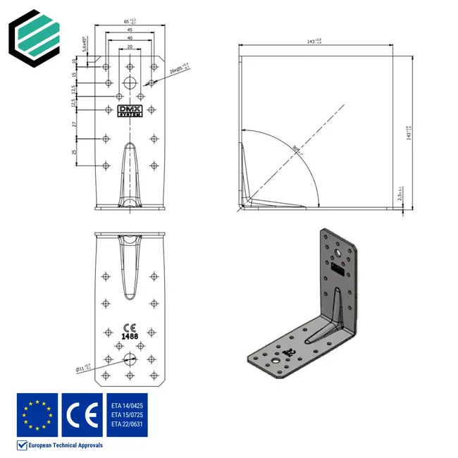 Hoekijzer versterkt 140x140x65 mm (2,5 mm) verzinkt (10 stuks)