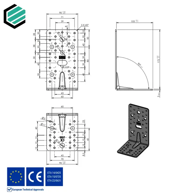 Hoekijzer versterkt 172x105x90 mm (3 mm) verzinkt (10 stuks)