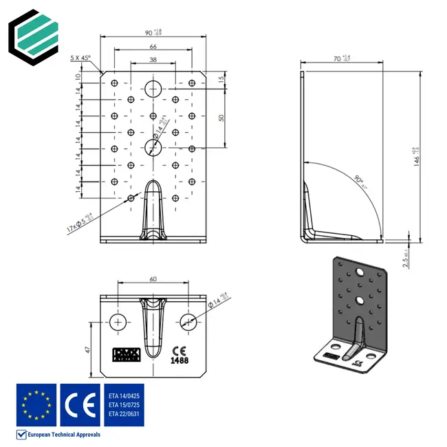 Hoekijzer versterkt 145x70x90 mm (2,5 mm) verzinkt (10 stuks)
