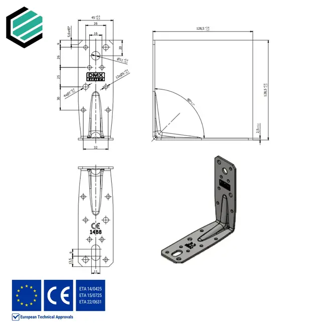 Hoekijzer versterkt 128,5x128,5x45 mm (2,5 mm) verzinkt (20 stuks)