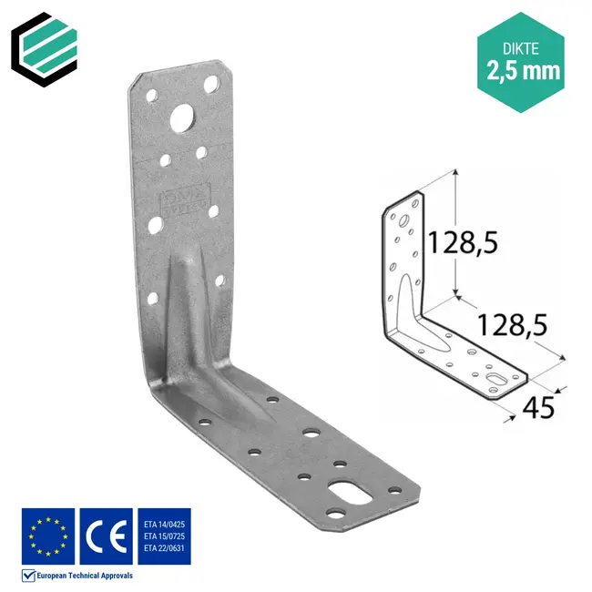 Hoekijzer versterkt 128,5x128,5x45 mm (2,5 mm) verzinkt (20 stuks)