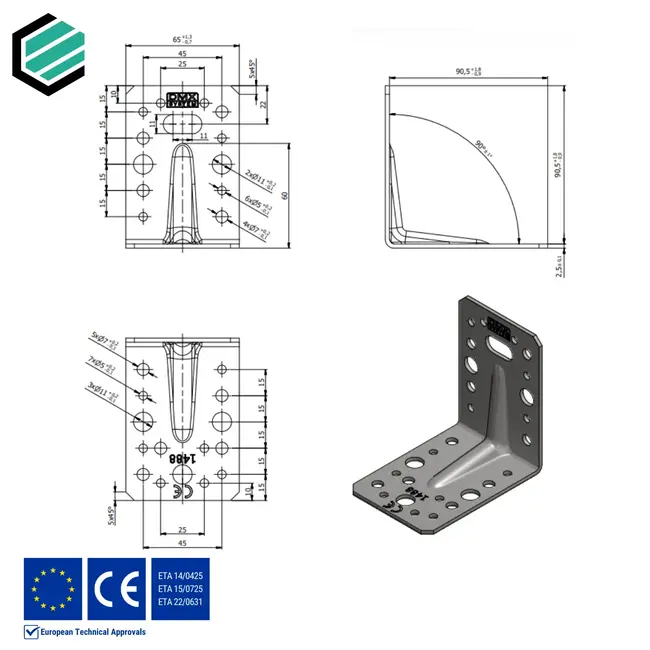 Hoekijzer versterkt 90x90x65 mm (2,5 mm) verzinkt (20 stuks)