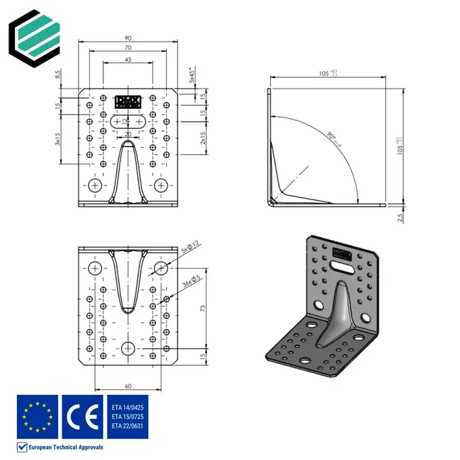 Hoekijzer versterkt 105x105x90 mm (2,5 mm) verzinkt (20 stuks)