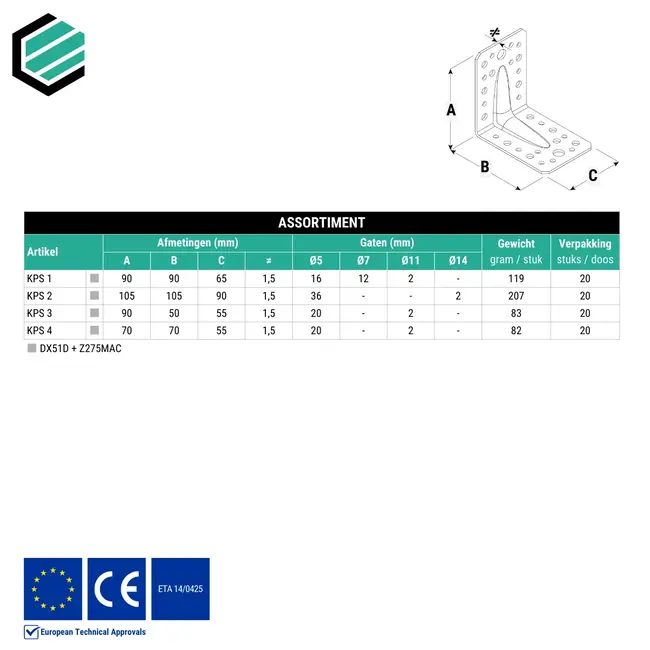 Hoekijzer versterkt 105x105x90 mm (1,5 mm) verzinkt (20 stuks)