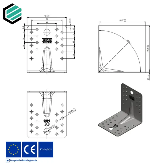 Hoekijzer versterkt 105x105x90 mm (1,5 mm) verzinkt (20 stuks)