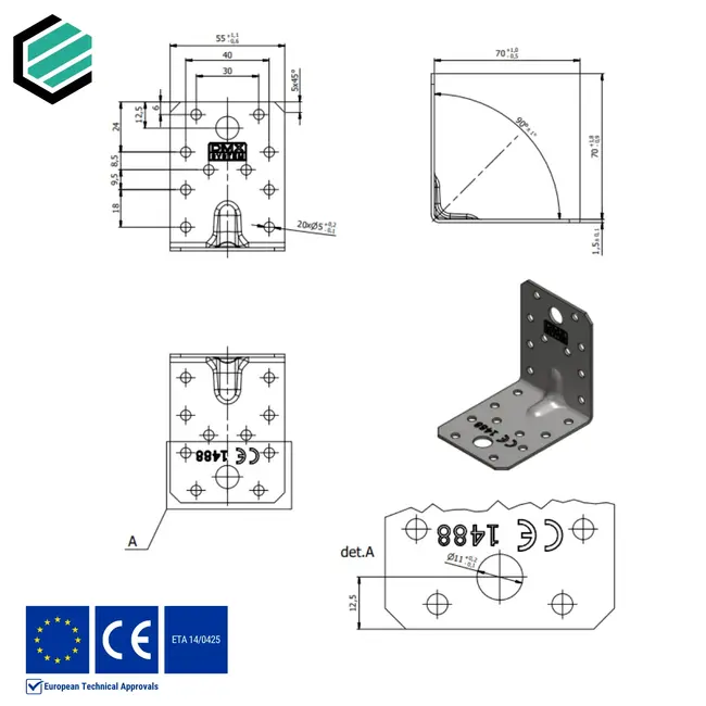 Hoekijzer versterkt 90x50x55 mm (1,5 mm) verzinkt (20 stuks)