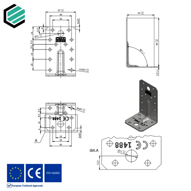 Hoekijzer versterkt 70x70x55 mm (1,5 mm) verzinkt (20 stuks)