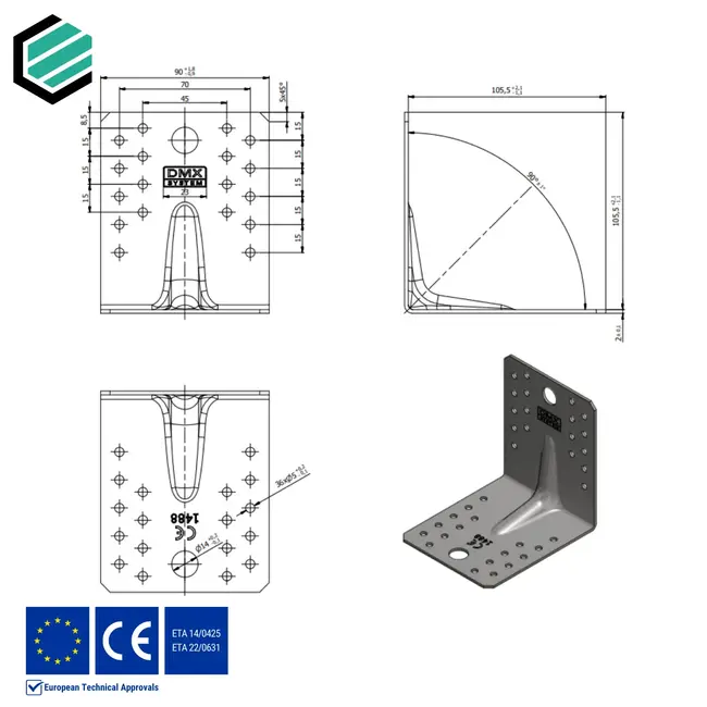 Hoekijzer versterkt 105x105x90 mm (2,0 mm) verzinkt (20 stuks)