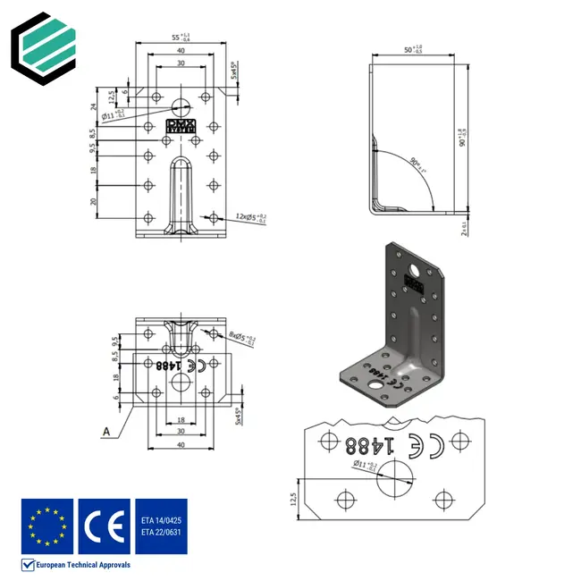 Hoekijzer versterkt 90x50x55 mm (2,0 mm) verzinkt (20 stuks)
