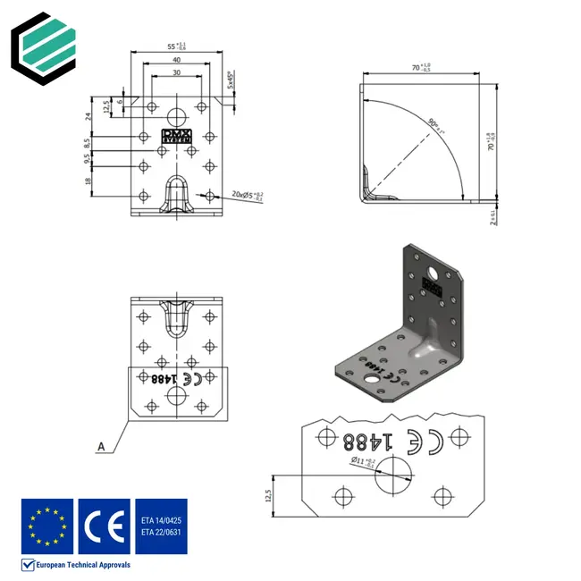 Hoekijzer versterkt 70x70x55 mm (2,0 mm) verzinkt (20 stuks)
