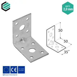 Domax  Hoekijzer versterkt 50x50x35 mm (2,0 mm) verzinkt (20 stuks)
