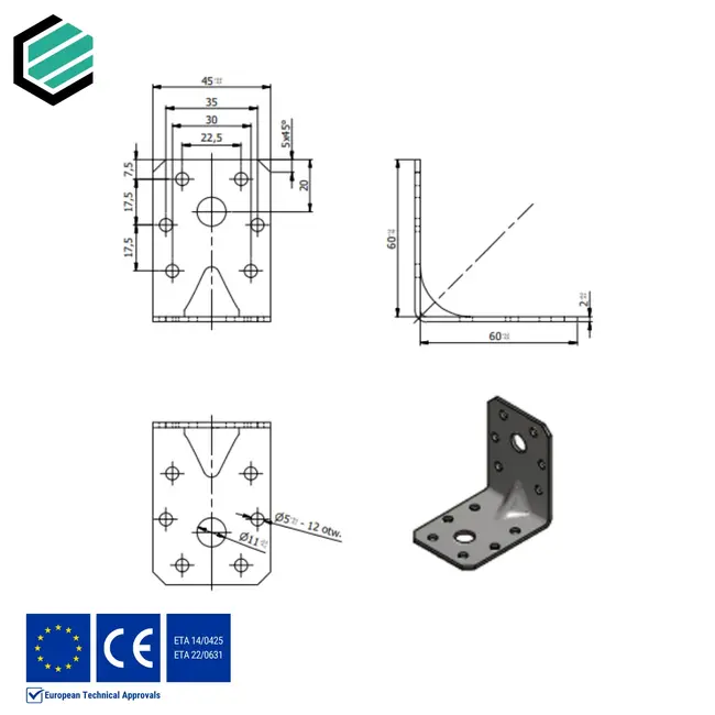Hoekijzer versterkt 60x60x45 mm (2,0 mm) verzinkt (20 stuks)