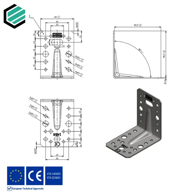 Hoekijzer versterkt 90x90x65 mm (2,0 mm) verzinkt (20 stuks)