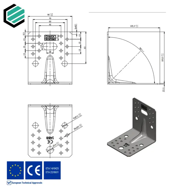 Hoekijzer versterkt 105x105x90 mm (2,0 mm) verzinkt (20 stuks)