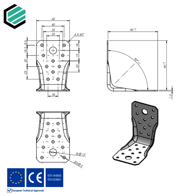 Hoekijzer versterkt 90x90x60 mm (1,5 mm) verzinkt (10 stuks)