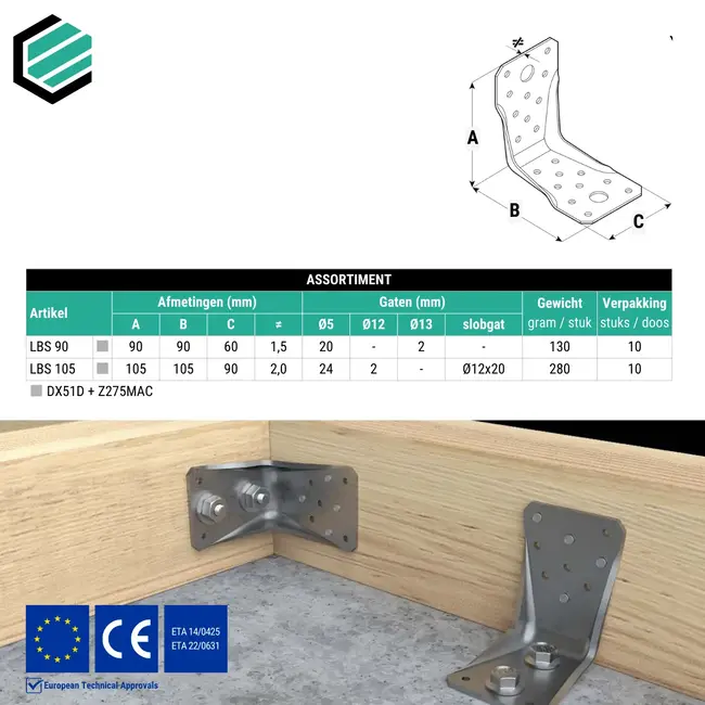 Hoekijzer versterkt 105x105x90 mm (2,0 mm) verzinkt (10 stuks)
