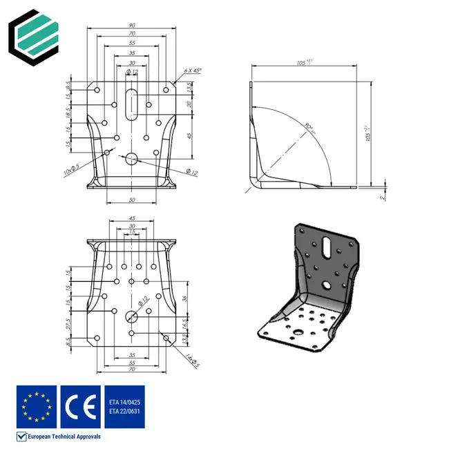 Hoekijzer versterkt 105x105x90 mm (2,0 mm) verzinkt (10 stuks)