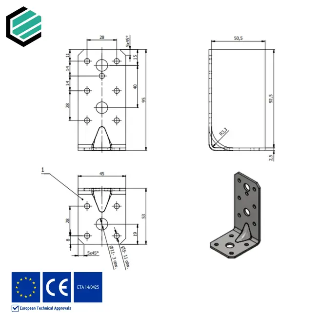 Hoekijzer versterkt 95x53x45 mm (2,5 mm) verzinkt (20 stuks)