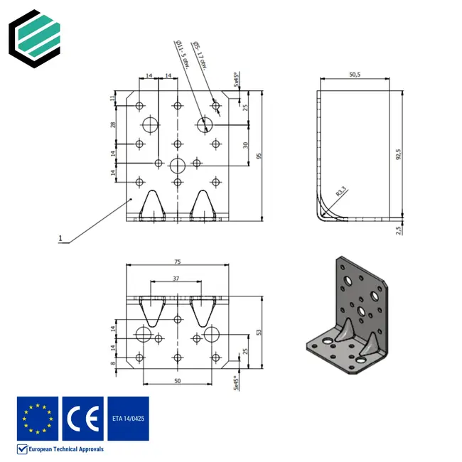 Hoekijzer versterkt 95x53x75 mm (2,5 mm) verzinkt (20 stuks)