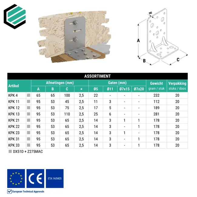 Hoekijzer versterkt 95x53x45 mm (2,5 mm) verzinkt (20 stuks)