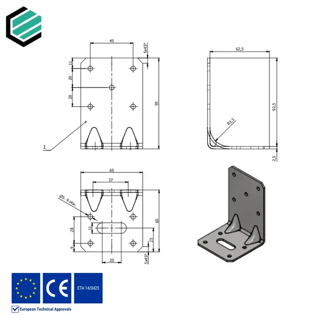 Hoekijzer versterkt 95x65x65 mm (2,5 mm) verzinkt (20 stuks)