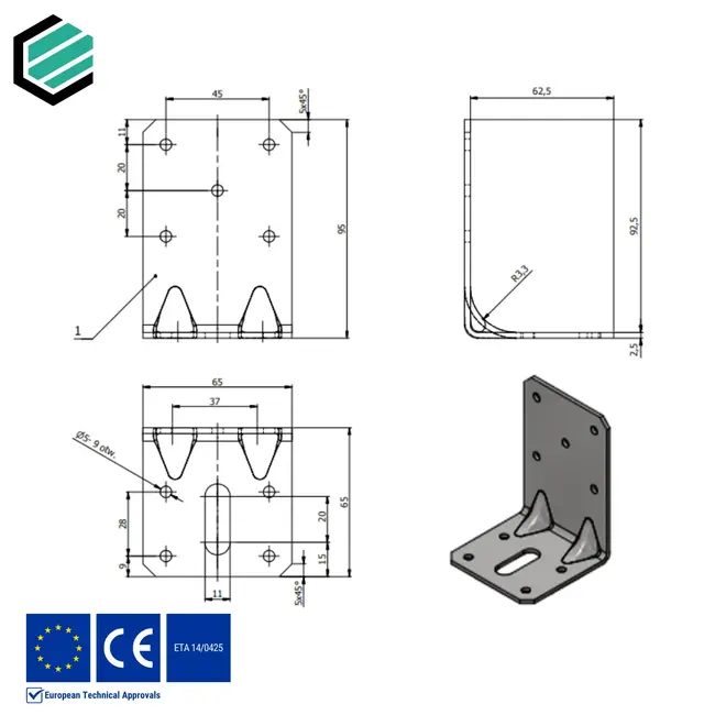 Hoekijzer versterkt 95x65x65 mm (2,5 mm) verzinkt (20 stuks)