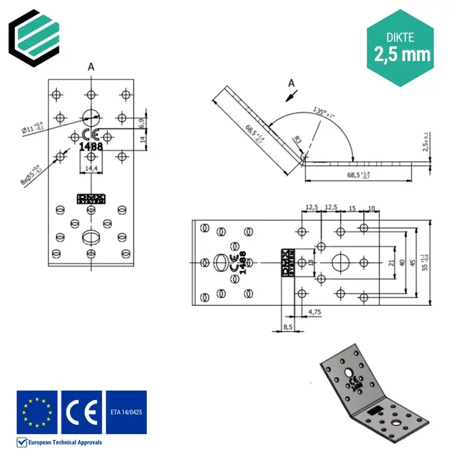 Hoekijzer 70x70x55 mm (2,5 mm) 135° verzinkt (20 stuks)