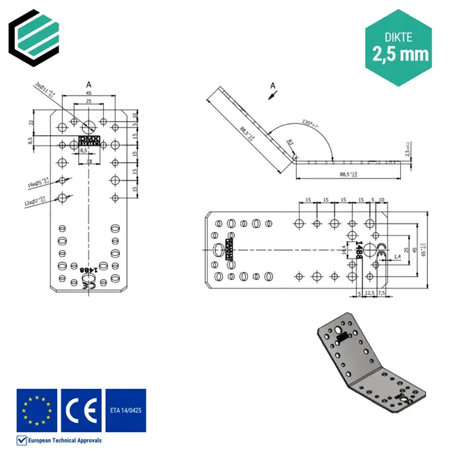 Hoekijzer 90x90x65 mm (2,5 mm) 135° verzinkt (20 stuks)