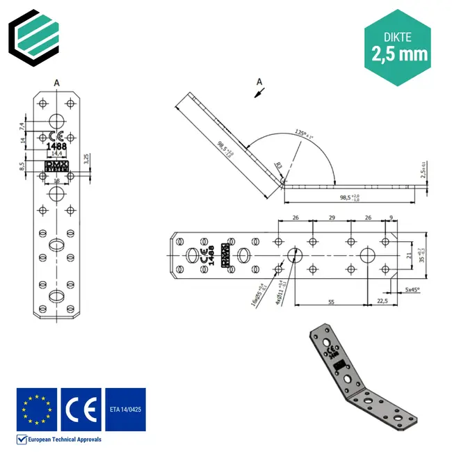 Hoekijzer 100x100x35 mm (2,5 mm) 135° verzinkt (20 stuks)