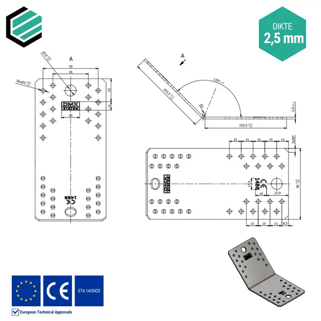 Hoekijzer 105x105x90 mm (2,5 mm) 135° verzinkt (20 stuks)