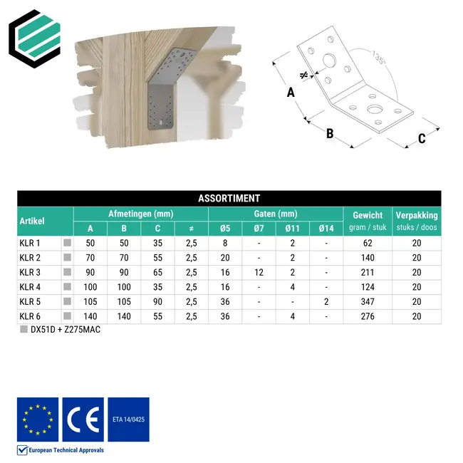 Hoekijzer 140x140x55 mm (2,5 mm) 135° verzinkt (20 stuks)