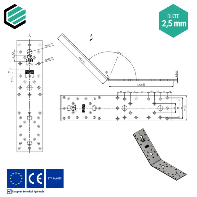 Hoekijzer 140x140x55 mm (2,5 mm) 135° verzinkt (20 stuks)