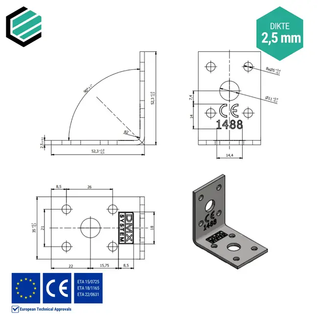 Hoekijzer 50x50x35 mm (2,5 mm) verzinkt (20 stuks)