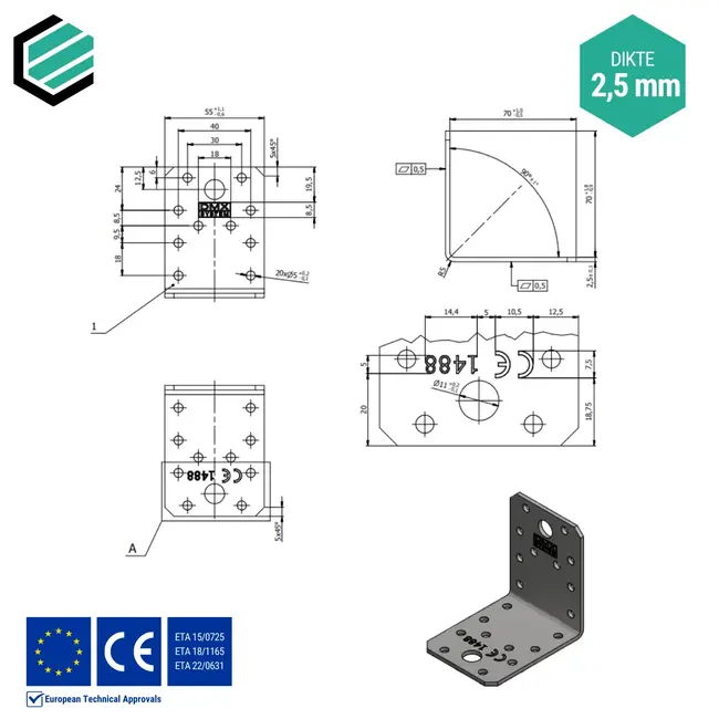 Hoekijzer 70x70x35 mm (2,5 mm) verzinkt (20 stuks)