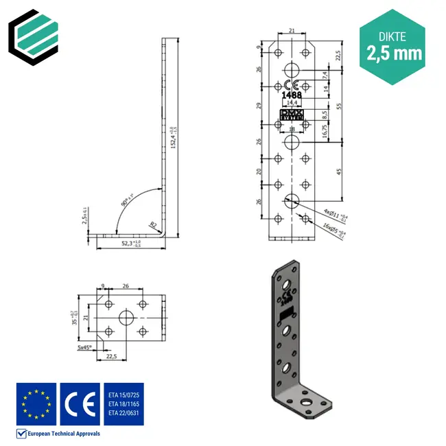 Hoekijzer 150x50x35 mm (2,5 mm) verzinkt (20 stuks)