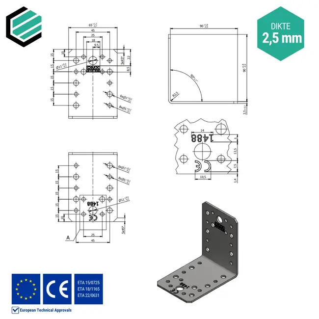 Hoekijzer 90x90x65 mm (2,5 mm) verzinkt (20 stuks)