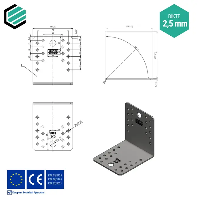 Hoekijzer 105x105x90 mm (2,5 mm) verzinkt (20 stuks)