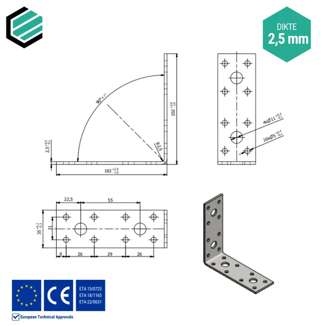 Hoekijzer 102x102x35 mm (2,5 mm) verzinkt (20 stuks)