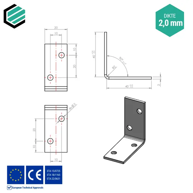Hoekijzer 40x40x20 mm (2,0 mm) verzinkt (50 stuks)