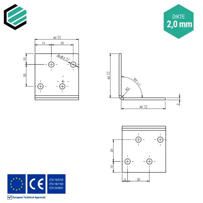 Hoekijzer 40x40x40 mm (2,0 mm) verzinkt (50 stuks)
