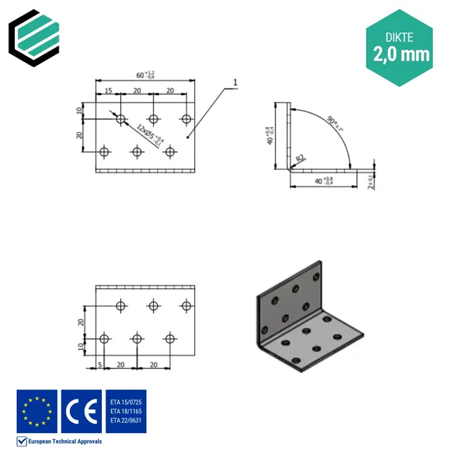 Hoekijzer 40x40x60 mm (2,0 mm) verzinkt (50 stuks)