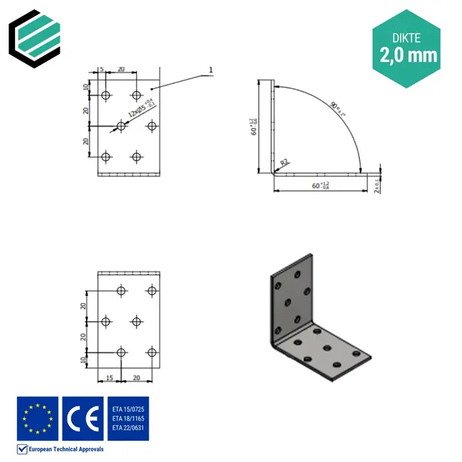 Hoekijzer 60x60x40 mm (2,0 mm) verzinkt (20 stuks)