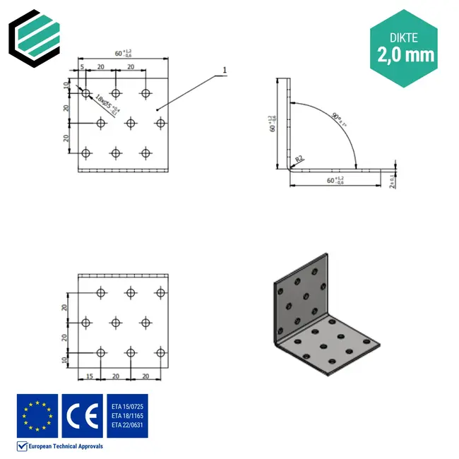 Hoekijzer 60x60x60 mm (2,0 mm) verzinkt (20 stuks)