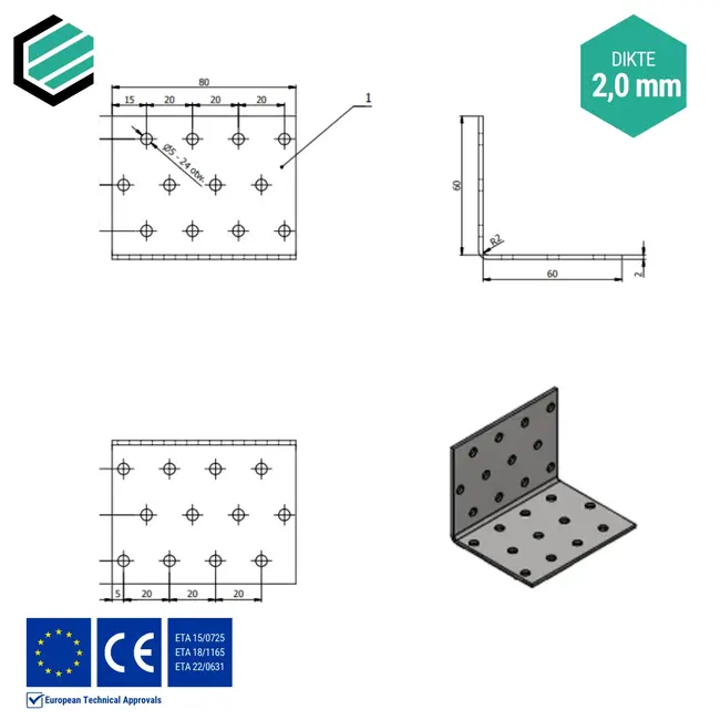 Hoekijzer 60x60x80 mm (2,0 mm) verzinkt (20 stuks)