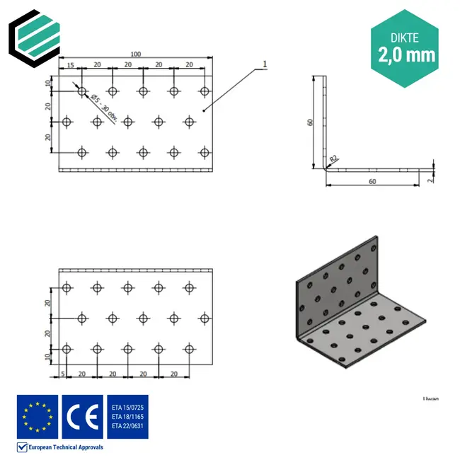 Hoekijzer 60x60x100 mm (2,0 mm) verzinkt (20 stuks)